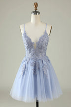 HEULORIA Heuloria Short A-Line Tulle Homecoming Dress with Beaded Lace and Illusion V-Neck ED-343