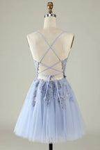 HEULORIA Heuloria Short A-Line Tulle Homecoming Dress with Beaded Lace and Illusion V-Neck ED-343