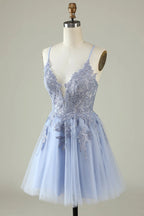 HEULORIA Heuloria Short A-Line Tulle Homecoming Dress with Beaded Lace and Illusion V-Neck ED-343