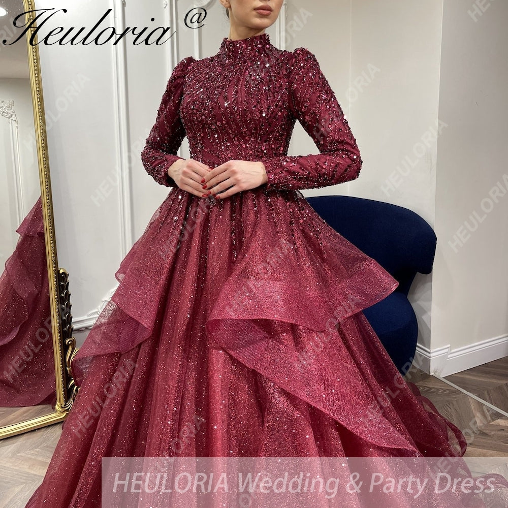 HEULORIA Luxury Princess Wedding Dress long sleeve burgundy bride dress Plus size Lace Bride Robe De Mariee Muslim Wedding dress BA-1253