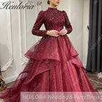 HEULORIA Luxury Princess Wedding Dress long sleeve burgundy bride dress Plus size Lace Bride Robe De Mariee Muslim Wedding dress BA-1253