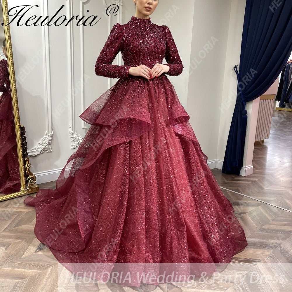 High Neck Sequin Long Sleeve Tiered Ball Gown Wedding Dress 50cm / 22w / Ivory
