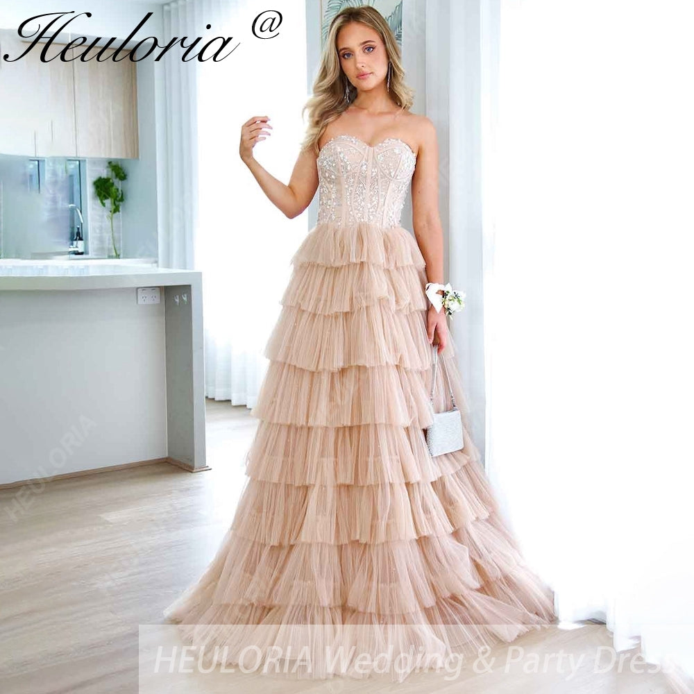 HEULORIA long tired prom dress strapless lace evening dress luxury formal dress ED-95 Image principale du produit