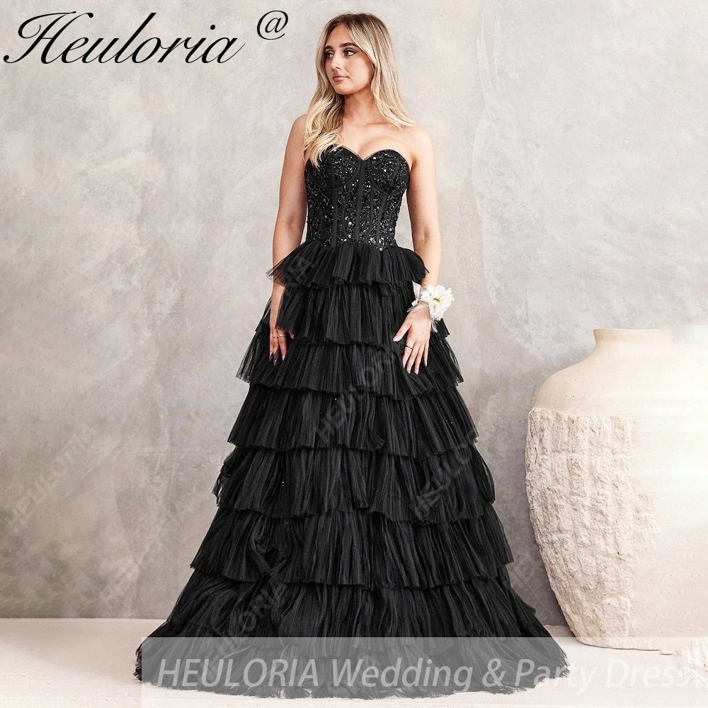 HEULORIA long tired prom dress strapless lace evening dress luxury formal dress ED-95