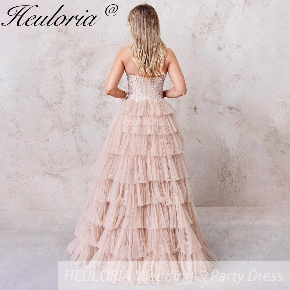 HEULORIA long tired prom dress strapless lace evening dress luxury formal dress ED-95