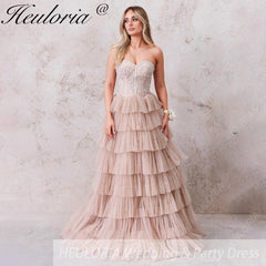 HEULORIA long tired prom dress strapless lace evening dress luxury formal dress ED-95
