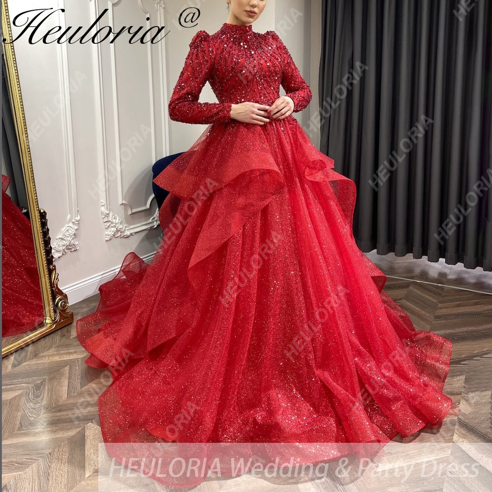 HEULORIA Luxury Princess Wedding Dress long sleeve burgundy bride dress Plus size Lace Bride Robe De Mariee Muslim Wedding dress BA-1253 Immagine principale del prodotto