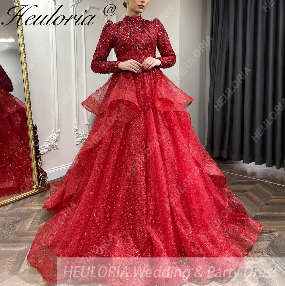 HEULORIA Luxury Princess Wedding Dress long sleeve burgundy bride dress Plus size Lace Bride Robe De Mariee Muslim Wedding dress BA-1253