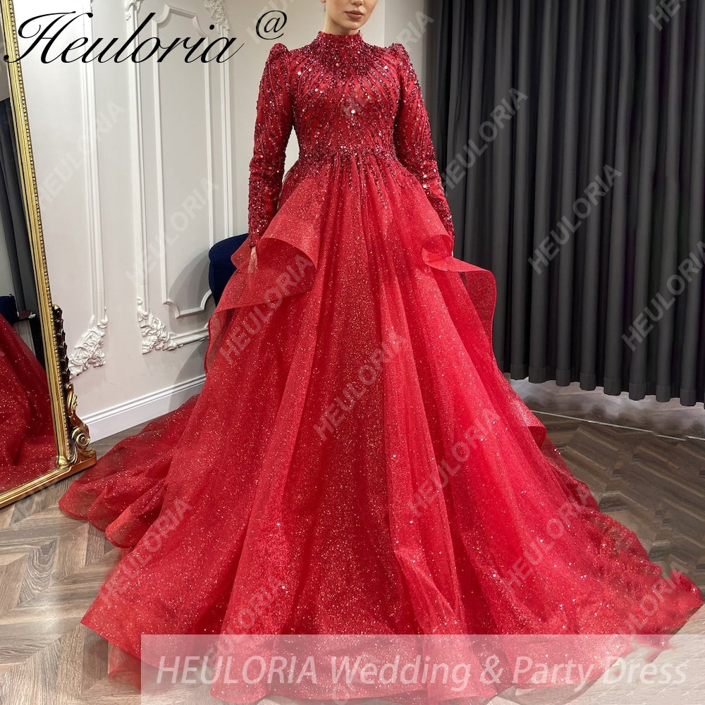 HEULORIA Luxury Princess Wedding Dress long sleeve burgundy bride dress Plus size Lace Bride Robe De Mariee Muslim Wedding dress BA-1253