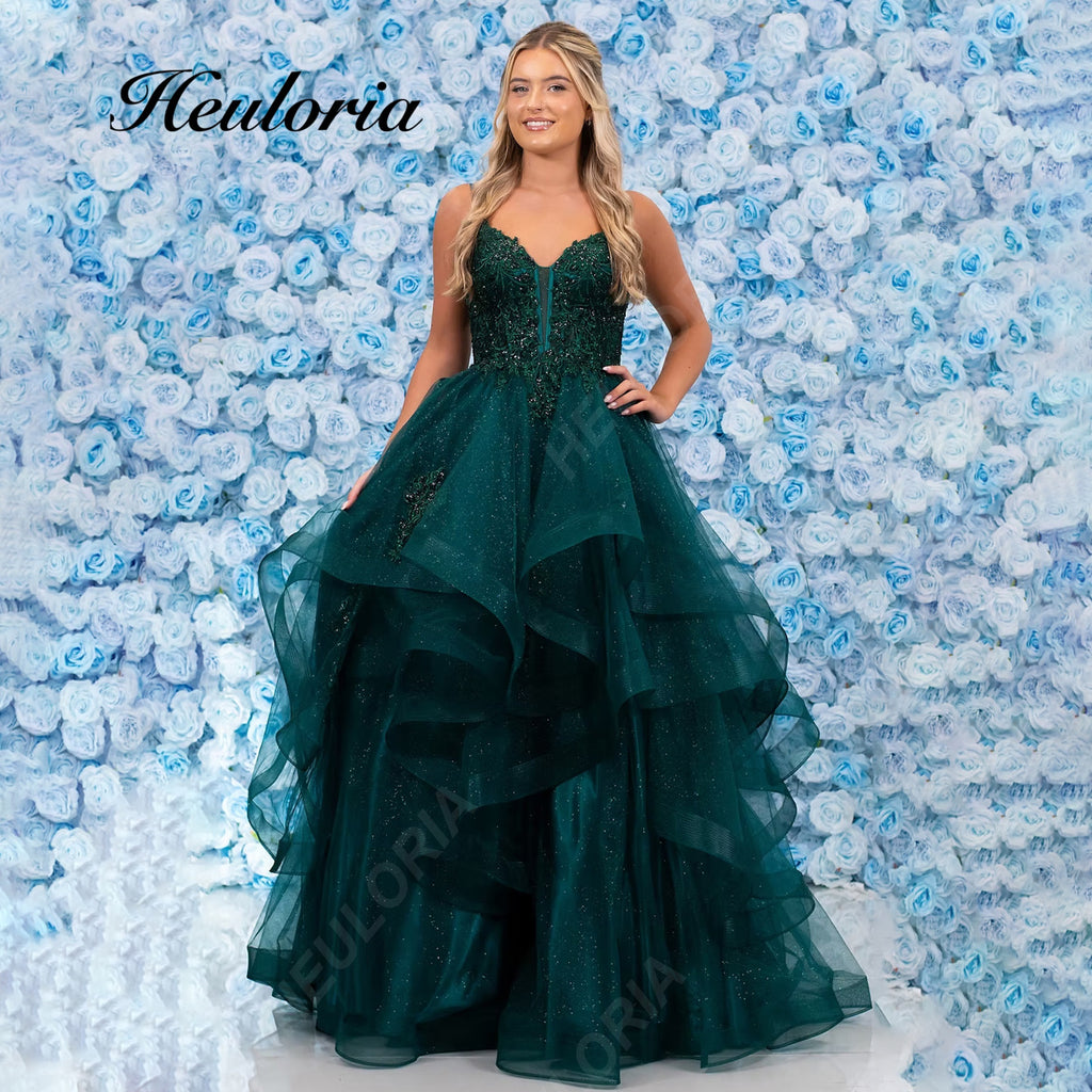 HEULORIA Sparkling Glitter Tiered Tulle Prom Dress - Plunging V-Neck & Lace-Up Corset Back ED-409