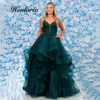 HEULORIA Sparkling Glitter Tiered Tulle Prom Dress - Plunging V-Neck & Lace-Up Corset Back ED-409