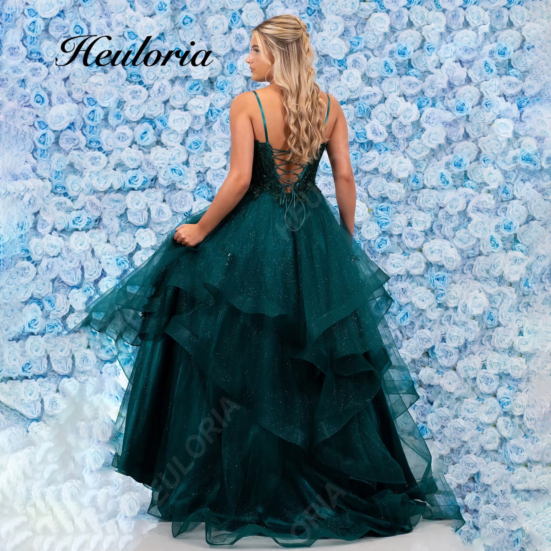 HEULORIA Sparkling Glitter Tiered Tulle Prom Dress - Plunging V-Neck & Lace-Up Corset Back ED-409 Image secondaire du produit