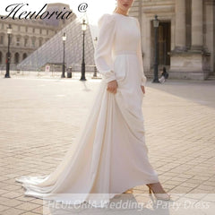 HEULORIA elegant Muslim Wedding Dress long sleeve high neck lace chiffon bride dress plus size bride Wedding Gown AL-QK100