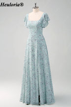 heuloria-Grey Green Floral Square Neck Flutter Sleeve Bridesmaid Dress-ed-558