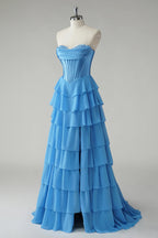 HEULORIA Strapless Corset Bodice Tiered Ruffle Evening Gown - Multi-Color prom dress ED-236