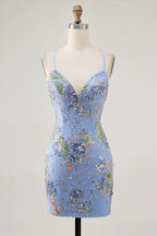 HEULORIA Floral Embroidered Sequin Bodycon Mini Dress with Sheer Mesh Cut-outs and Lace-Up Back ED-597
