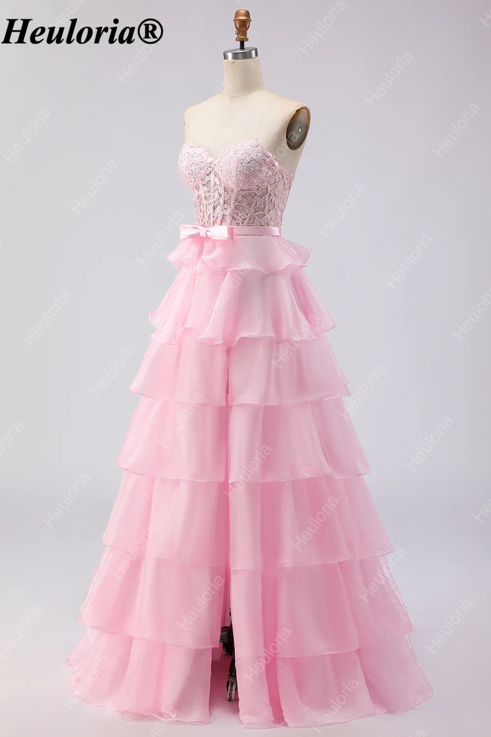 heuloria Strapless Lace Tiered Ruffle Prom Dress with Bow Waist ed-514