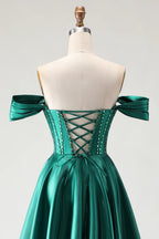 HEULORIA Off-the-Shoulder Sequin Beaded Satin Prom Dress with Slit & Corset Back ED-586