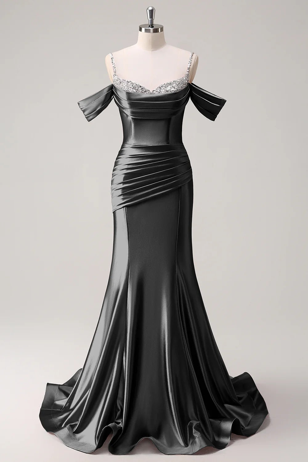 HEULORIA Elegant Ruched Satin Mermaid Evening Gown with Crystal Embellished Straps & Off-the-Shoulder Sleeves ED-349