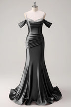 HEULORIA Elegant Ruched Satin Mermaid Evening Gown with Crystal Embellished Straps & Off-the-Shoulder Sleeves ED-349