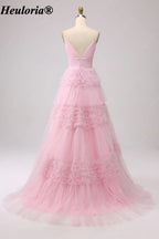 HEULORIA V-Neck Tiered Glitter Tulle Prom Dress with Spaghetti Straps ED-364