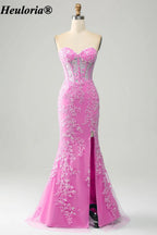 HEULORIA Strapless Sweetheart Lace Corset Prom Dress with Slit ED-369