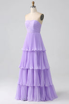 HEULORIA Strapless Tiered Pleated Chiffon Maxi Dress - Elegant Sleeveless Evening Gown ED-241