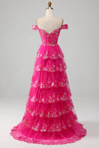 HEULORIA Off-the-Shoulder Tiered Tulle Prom Dress with Shimmering Sequins - Romantic Floor-Length Evening Gown ED-365