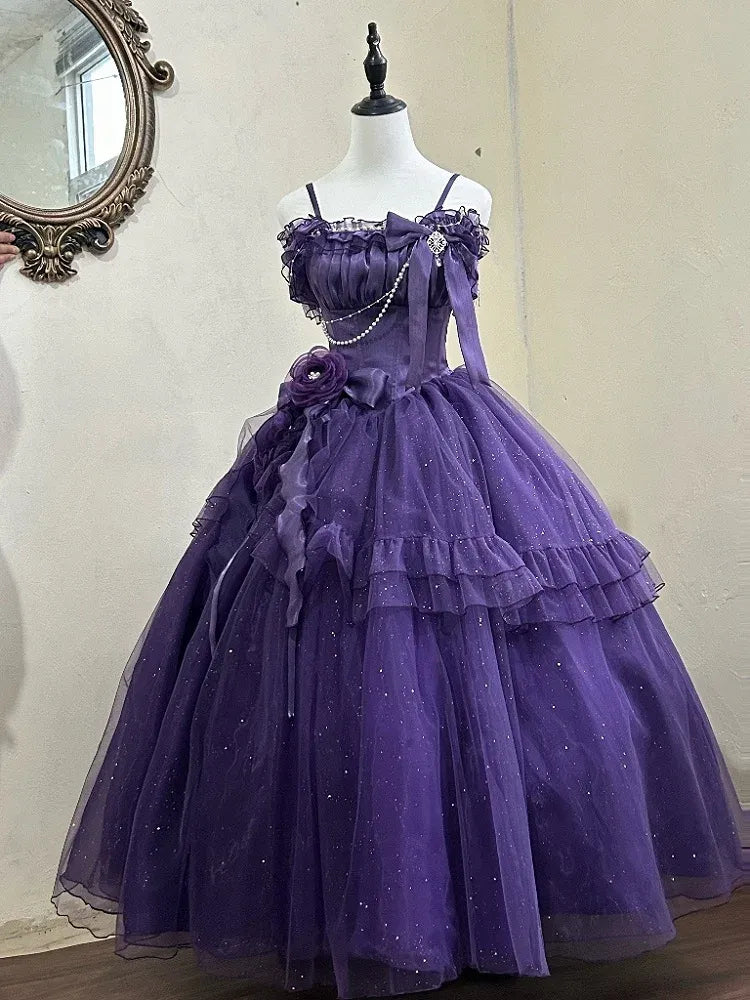 Dark Purple Gothic Lolita Ball Gown with Glitter Tulle and Corset Back BA-46