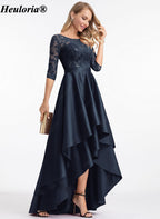 heuloria-Lace and Satin High-Low Evening Dress with Three-Quarter Sleeves-ed-172