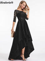 heuloria-Lace and Satin High-Low Evening Dress with Three-Quarter Sleeves-ed-172