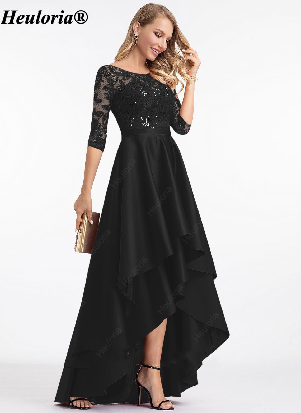 heuloria-Lace and Satin High-Low Evening Dress with Three-Quarter Sleeves-ed-172