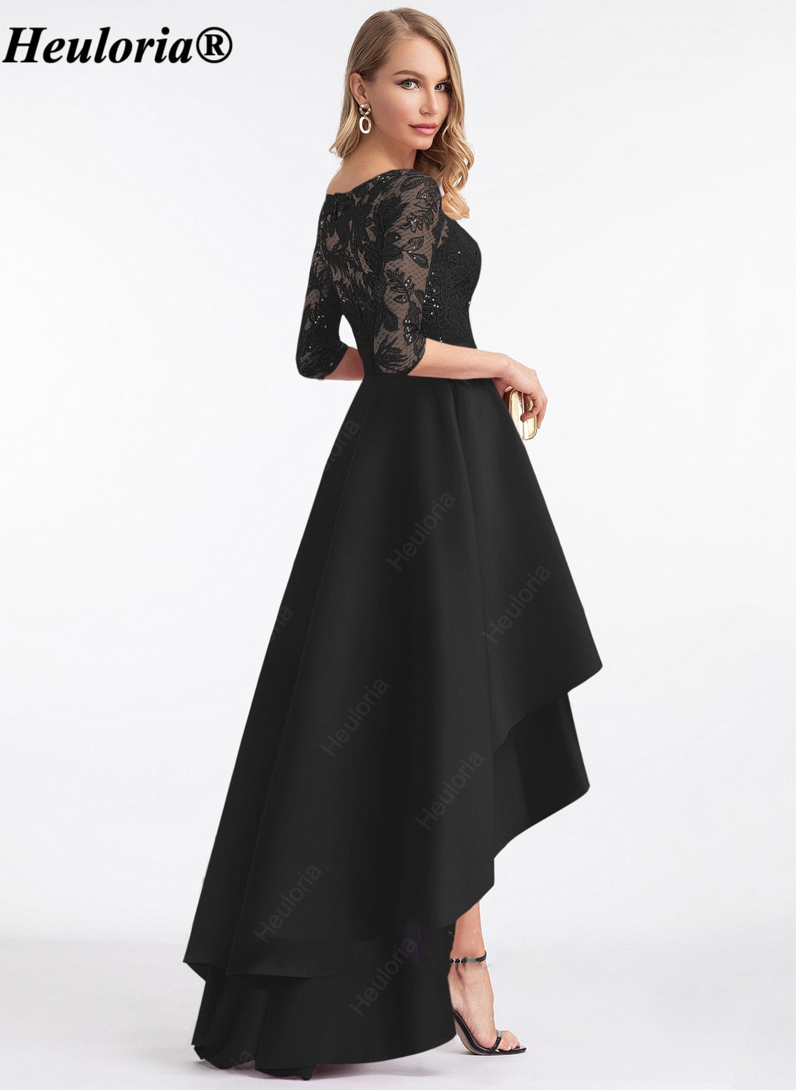 heuloria-Lace and Satin High-Low Evening Dress with Three-Quarter Sleeves-ed-172