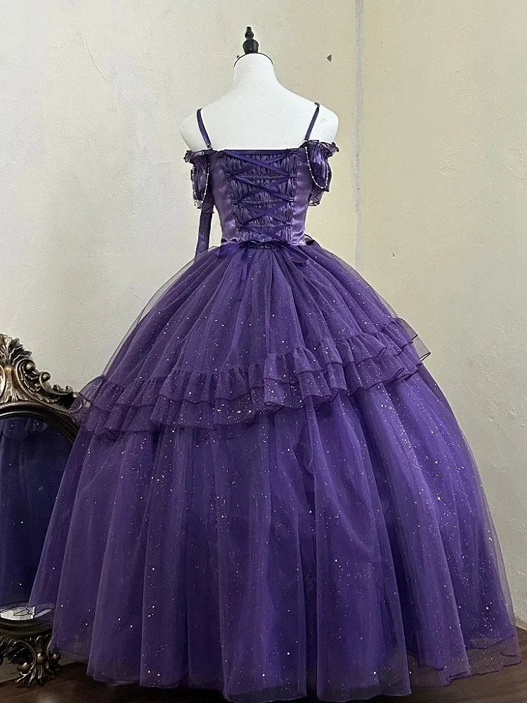 Dark Purple Gothic Lolita Ball Gown with Glitter Tulle and Corset Back BA-46