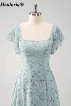 heuloria-Grey Green Floral Square Neck Flutter Sleeve Bridesmaid Dress-ed-558