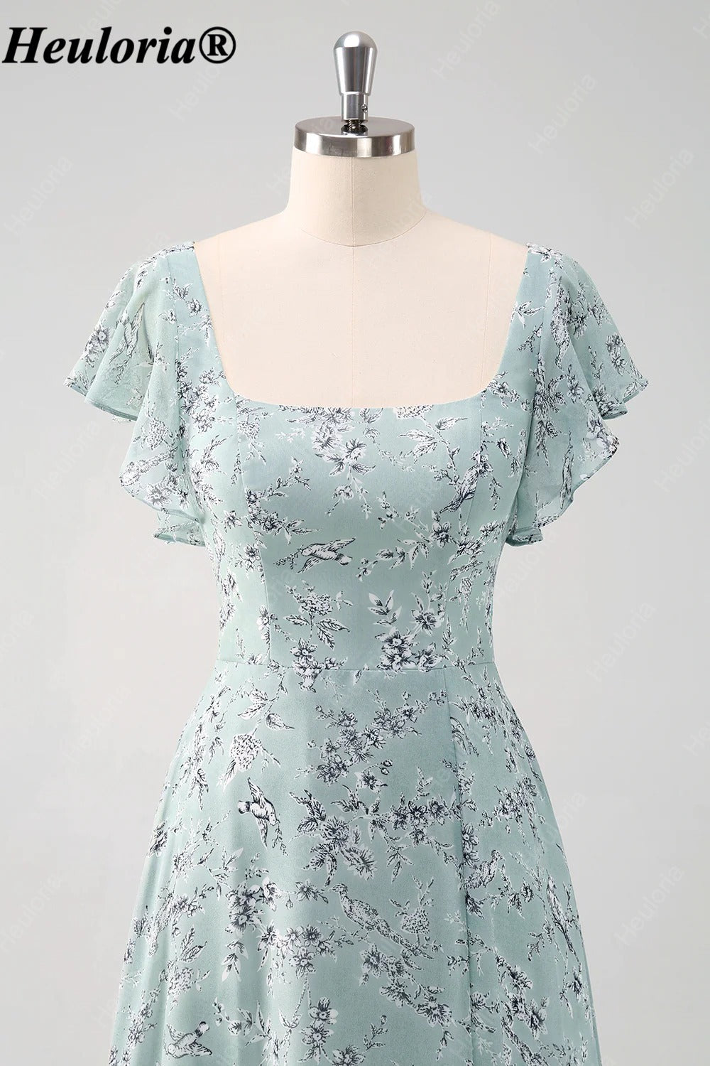 heuloria-Grey Green Floral Square Neck Flutter Sleeve Bridesmaid Dress-ed-558