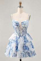 HEULORIA Whimsical Blue Floral Pearl Beaded Corset Mini Dress - Tiered Pleated Tulle Party Gown ED-613