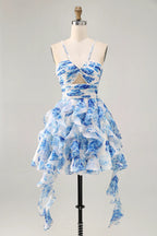 HEULORIA Pearl Beaded Straps Floral Ruffle Mini Homecoming Dress - Whimsical Tiered Rose Print Cocktail Gown ED-614