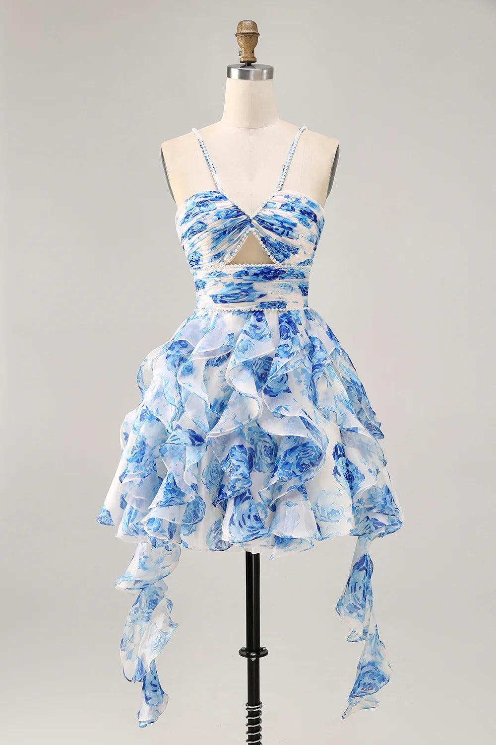 HEULORIA Pearl Beaded Straps Floral Ruffle Mini Homecoming Dress - Whimsical Tiered Rose Print Cocktail Gown ED-614