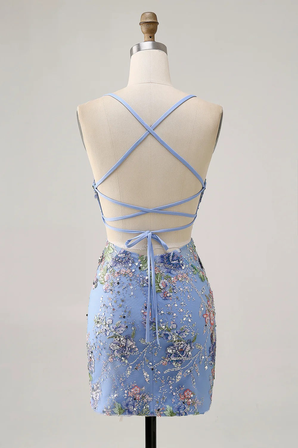 HEULORIA Floral Embroidered Sequin Bodycon Mini Dress with Sheer Mesh Cut-outs and Lace-Up Back ED-597