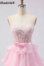 heuloria Strapless Lace Tiered Ruffle Prom Dress with Bow Waist ed-514