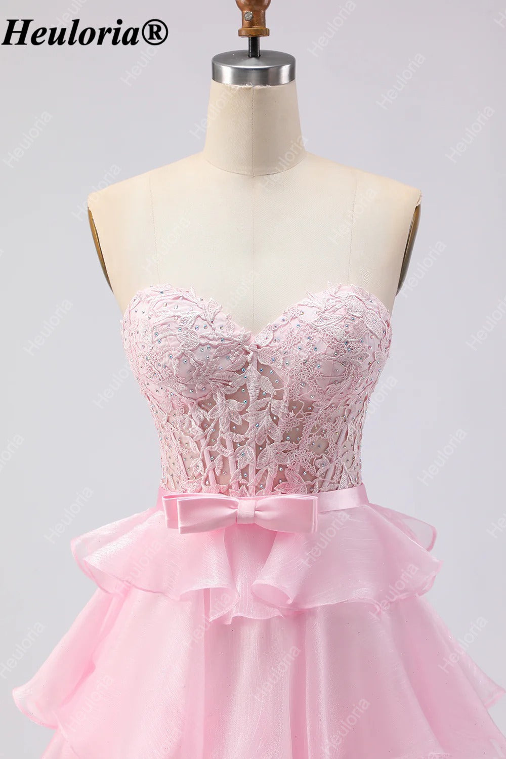 heuloria Strapless Lace Tiered Ruffle Prom Dress with Bow Waist ed-514
