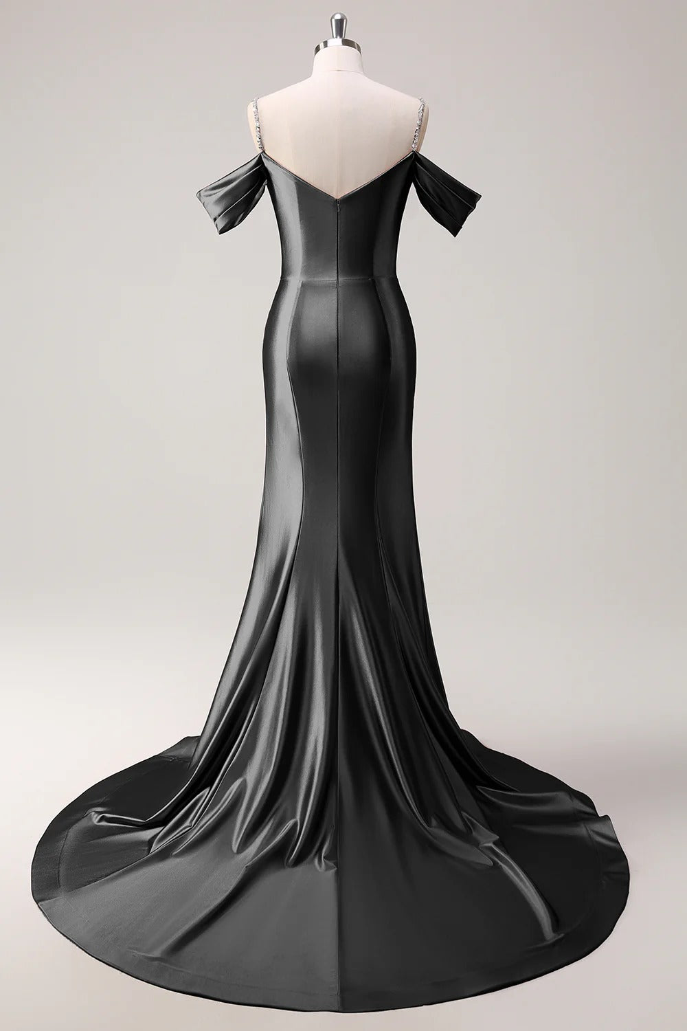 HEULORIA Elegant Ruched Satin Mermaid Evening Gown with Crystal Embellished Straps & Off-the-Shoulder Sleeves ED-349
