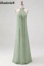 HEULORIA Halter Pleated Chiffon Bow Back Bridesmaid Dress ED-1101