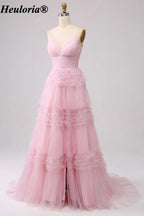 HEULORIA V-Neck Tiered Glitter Tulle Prom Dress with Spaghetti Straps ED-364
