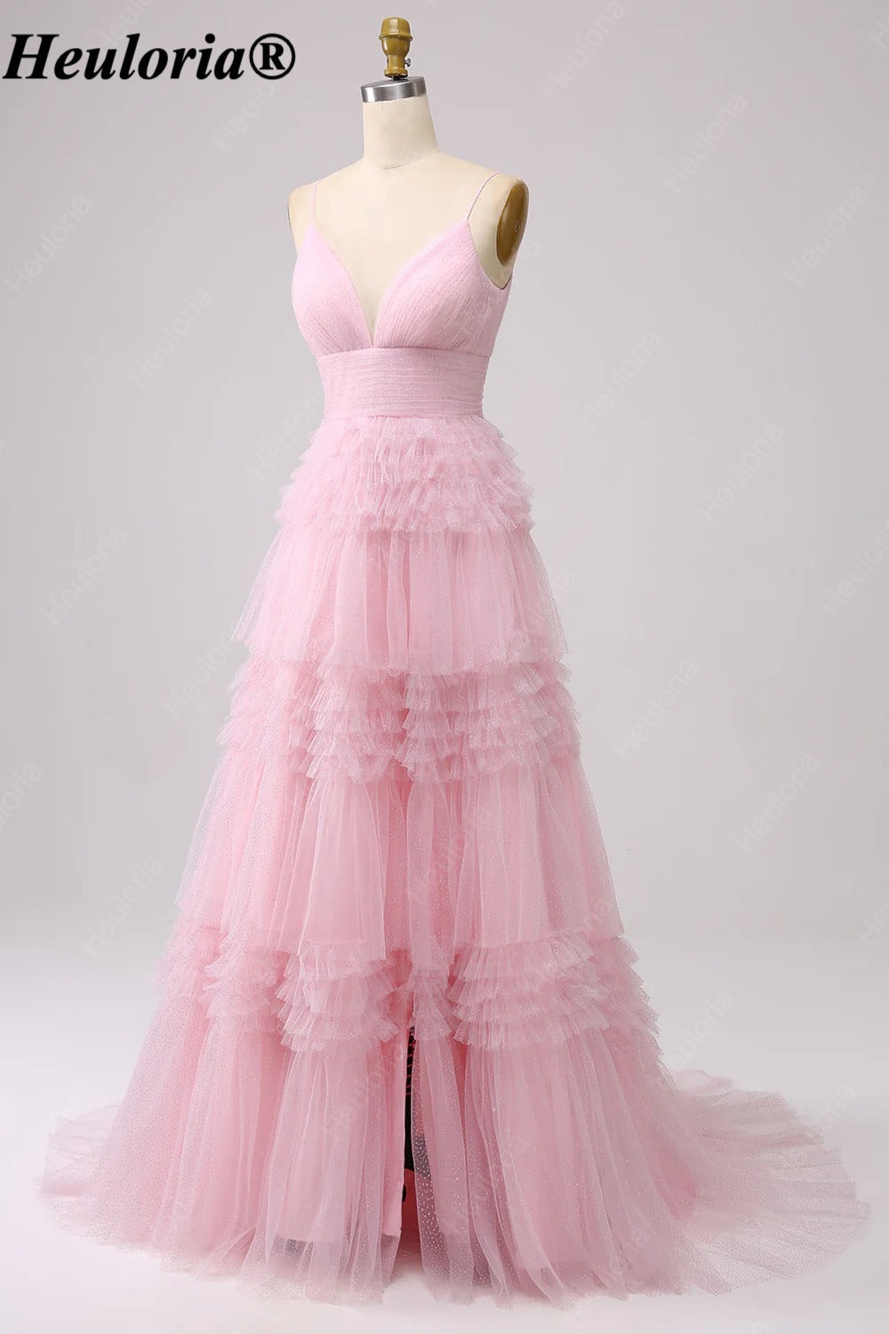 HEULORIA V-Neck Tiered Glitter Tulle Prom Dress with Spaghetti Straps ED-364