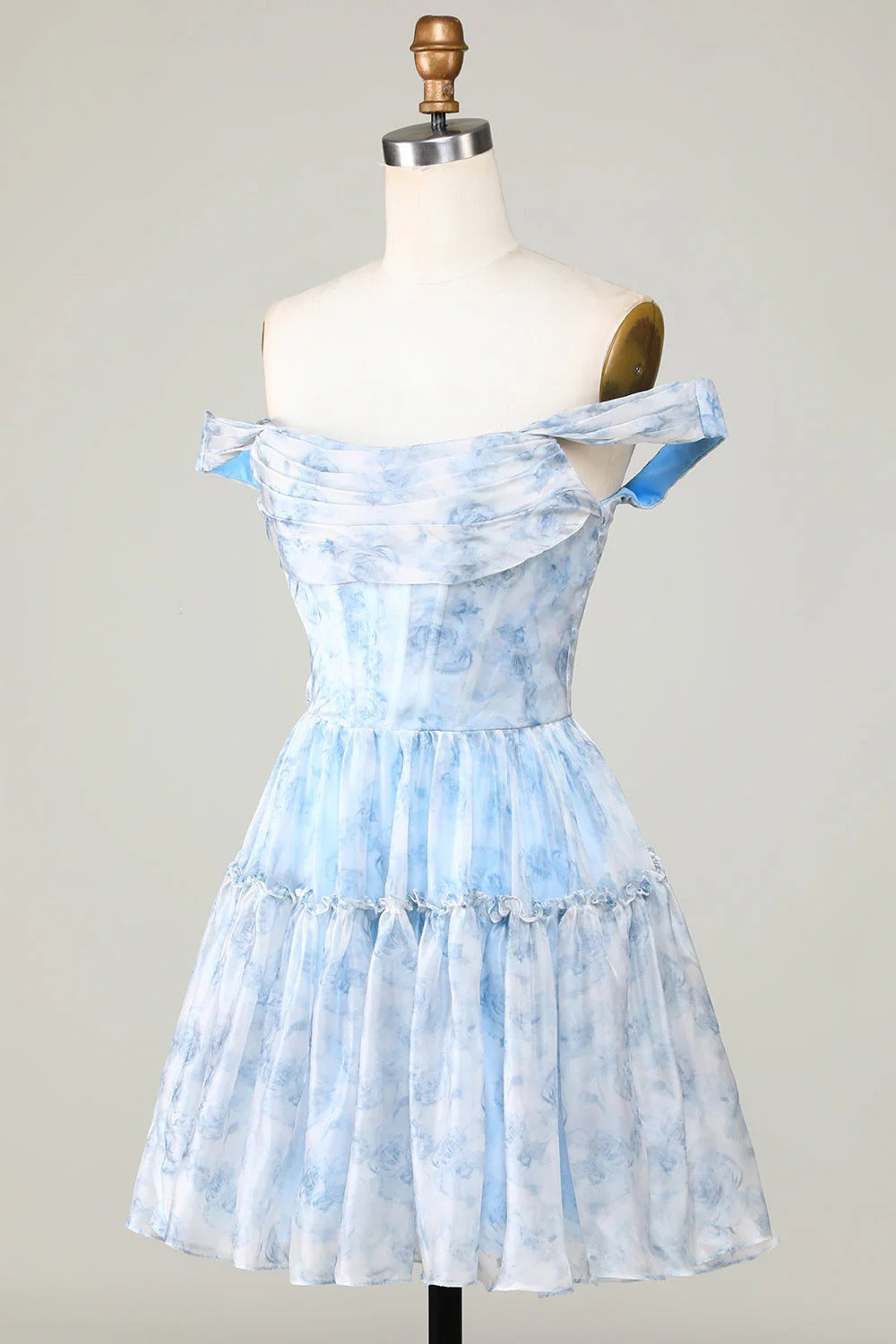 HEULORIA Ethereal Watercolor Floral Off-the-Shoulder Tiered Mini Dress ED-600