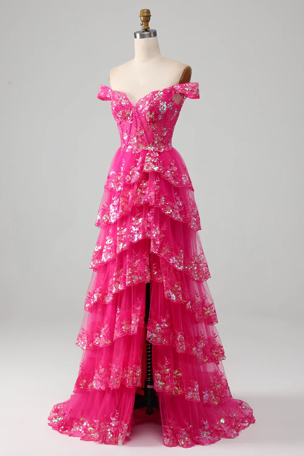 HEULORIA Off-the-Shoulder Tiered Tulle Prom Dress with Shimmering Sequins - Romantic Floor-Length Evening Gown ED-365