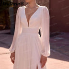 HEULORIA Elegant Deep V-Neck Chiffon Boho Wedding Dress with Long Bishop Sleeves & Slit AL-QK199