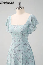heuloria-Grey Green Floral Square Neck Flutter Sleeve Bridesmaid Dress-ed-558